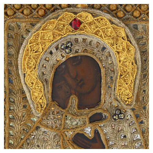 Antique Russian icon, Our Lady of Feodorovskaya, late 18th-early 19th century, honourific embroidery, glass beads, 12.2x10.2 in 2