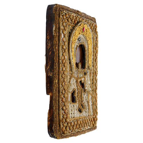 Icona Russa antica fine XVIII sec Madre di Dio Feodorovskaya ricamo onorifico perle di vetro 31x26 cm 5