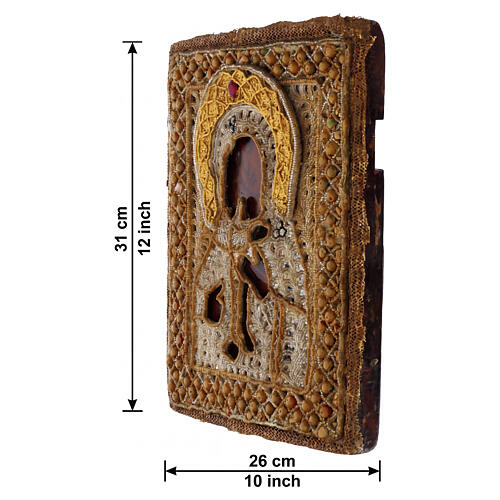 Ícone russo antigo final do séc. XVIII Mãe de Deus Fëdorovskaya bordado honorífico pérolas de vidro 31x26 cm 3