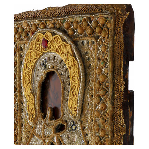 Ícone russo antigo final do séc. XVIII Mãe de Deus Fëdorovskaya bordado honorífico pérolas de vidro 31x26 cm 4