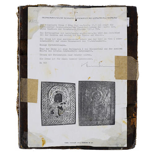 Ícone russo antigo final do séc. XVIII Mãe de Deus Fëdorovskaya bordado honorífico pérolas de vidro 31x26 cm 7