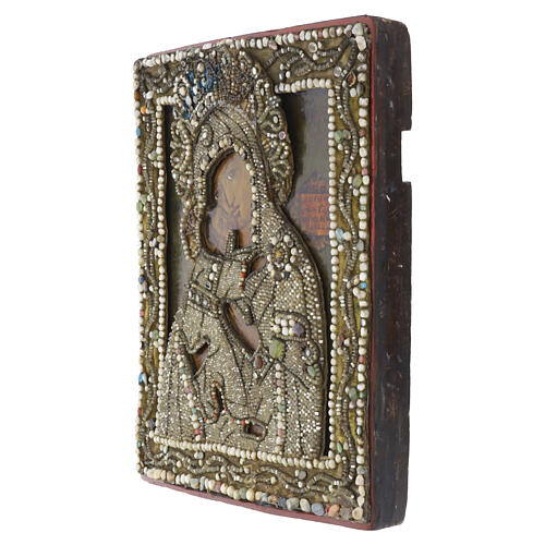Icona Russa antica XVIII secolo Madonna di Vladimir ricamo onorifico perle di iris 31x27 cm 4