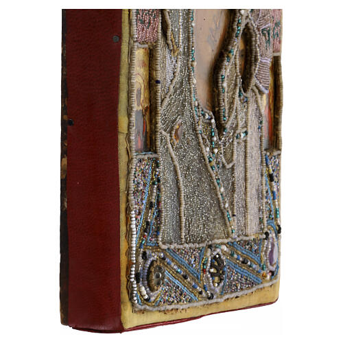 Icône russe ancienne Mère de Dieu de Kazan XIXe siècle 22,5x19,5 cm broderie honorifique avec perles d'iris 6