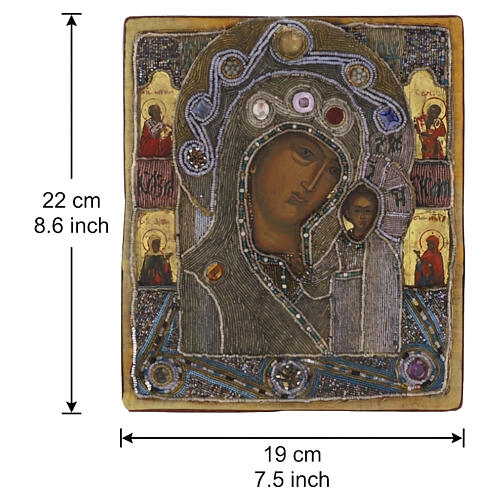Icona Russa antica XIX secolo Madonna di Kazan ricamo onorifico perle di iris 22x19 cm 3