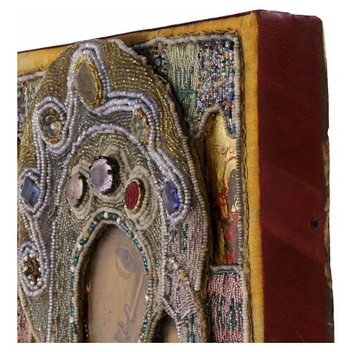 Icona Russa antica XIX secolo Madonna di Kazan ricamo onorifico perle di iris 22x19 cm 4