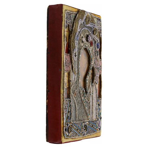 Icona Russa antica XIX secolo Madonna di Kazan ricamo onorifico perle di iris 22x19 cm 5