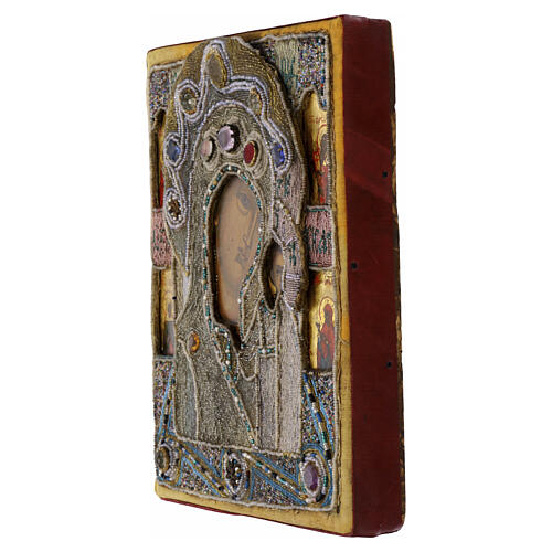 Icona Russa antica XIX secolo Madonna di Kazan ricamo onorifico perle di iris 22x19 cm 7