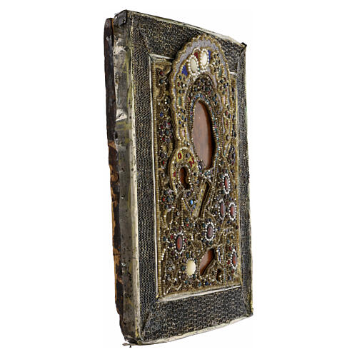 Ancient Russian icon Mother of God Console My Pain honorary embroidered river pearls, early 19th century 31x26 cm 5