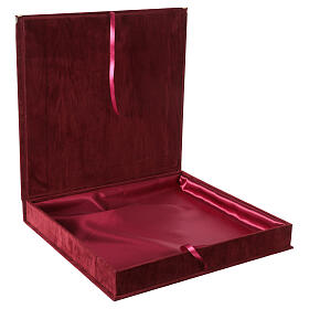 Burgundy velvet box with satin interior, 16.5x18 in