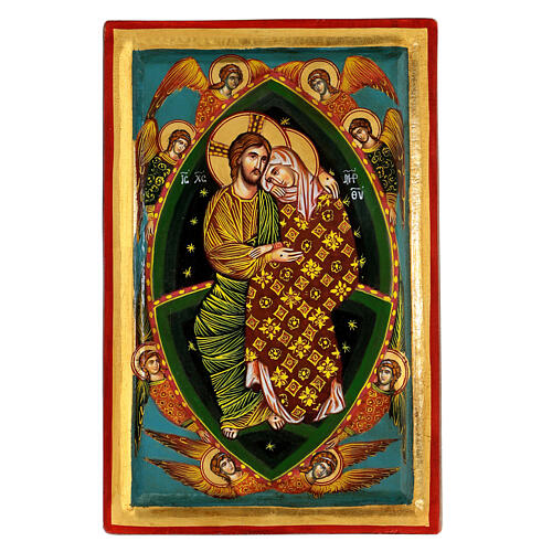 Ikona grecka malowana 'Jezus obejmuje Maryję' z aniołami 35.5x22.5 1