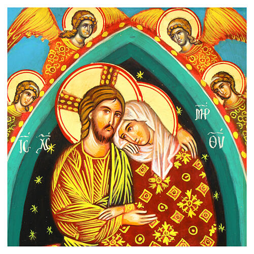 Ikona grecka malowana 'Jezus obejmuje Maryję' z aniołami 35.5x22.5 2
