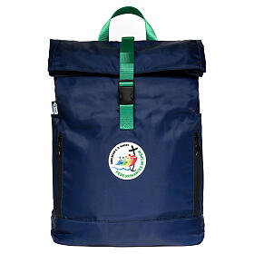 Blue empty backpack of the 2025 Jubilee pilgrim's kit
