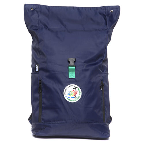 Blue empty backpack of the 2025 Jubilee pilgrim's kit 7