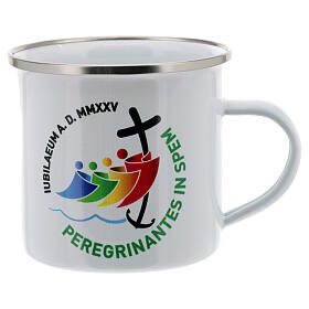 White metallic mug of the 2025 Jubilee pilgrim's kit