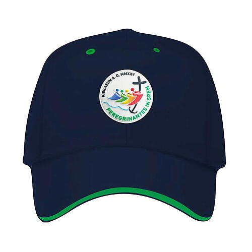 Blue baseball cap with rubber patch of the 2025 Jubilee logo, pilgrim's kit 1