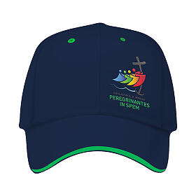 Blue baseball cap with embroidered patch of the 2025 Jubilee logo, pilgrim's kit