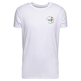 White t-shirt with colour print of the 2025 Jubilee logo, pilgrim's kit