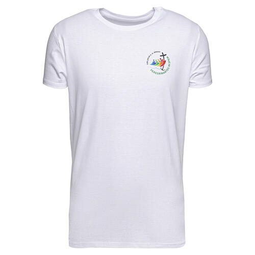 White t-shirt with colour print of the 2025 Jubilee logo, pilgrim's kit 1