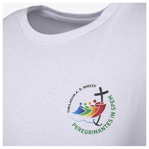 White t-shirt with colour print of the 2025 Jubilee logo, pilgrim's kit 3