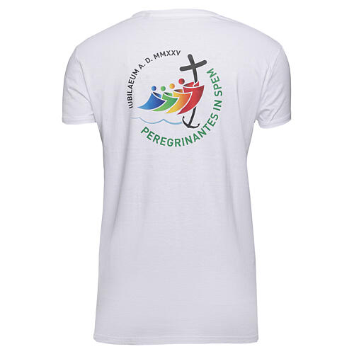 White t-shirt with colour print of the 2025 Jubilee logo, pilgrim's kit 5