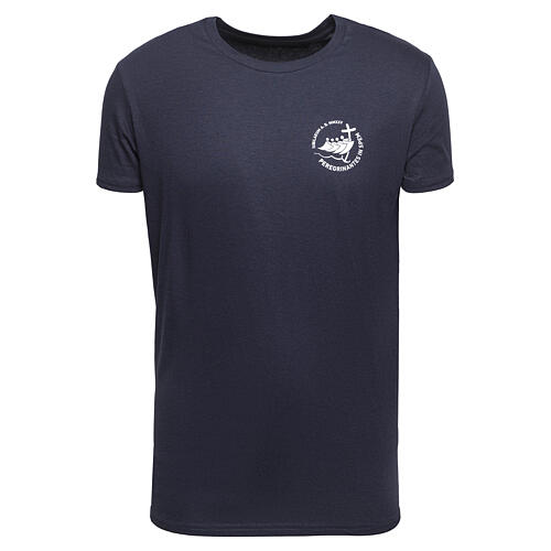 Blue t-shirt with white print of the 2025 Jubilee logo, pilgrim's kit 1