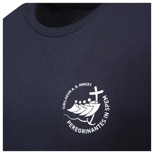 Blue t-shirt with white print of the 2025 Jubilee logo, pilgrim's kit 3