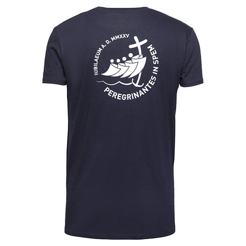 Blue t-shirt with white print of the 2025 Jubilee logo, pilgrim's kit 4