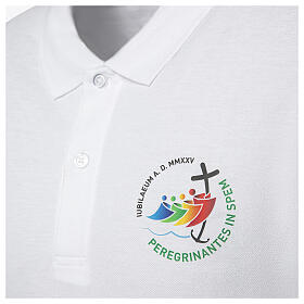 White polo shirt with color Jubilee 2025 logo pilgrim kit