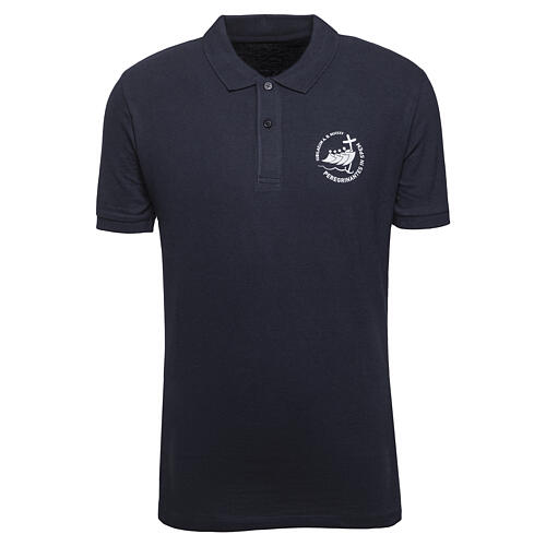 Navy blue polo shirt with printed logo of the 2025 Jubilee, pilgrim's kit 1