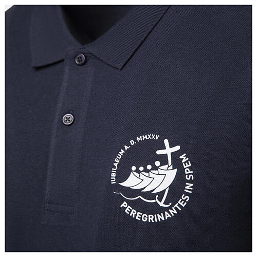 Navy blue polo shirt with printed logo of the 2025 Jubilee, pilgrim's kit 2