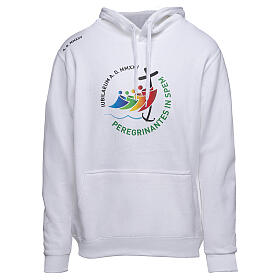 White hoodie with 2025 Jubilee logo print, pilgrim's kit