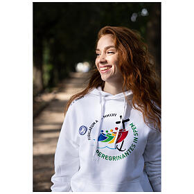 White hoodie with 2025 Jubilee logo print, pilgrim's kit