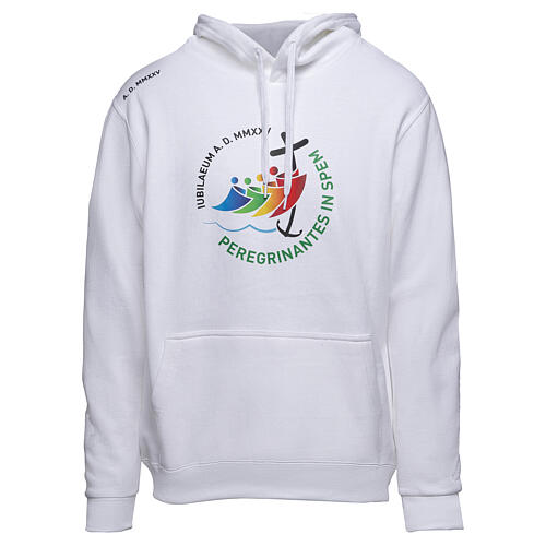 White hoodie with 2025 Jubilee logo print, pilgrim's kit 1