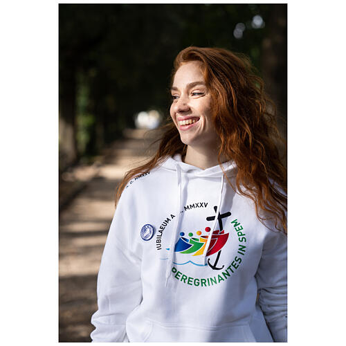 White hoodie with 2025 Jubilee logo print, pilgrim's kit 2