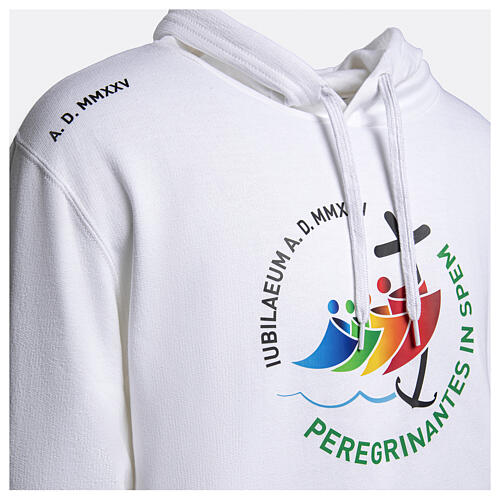 White hoodie with 2025 Jubilee logo print, pilgrim's kit 3