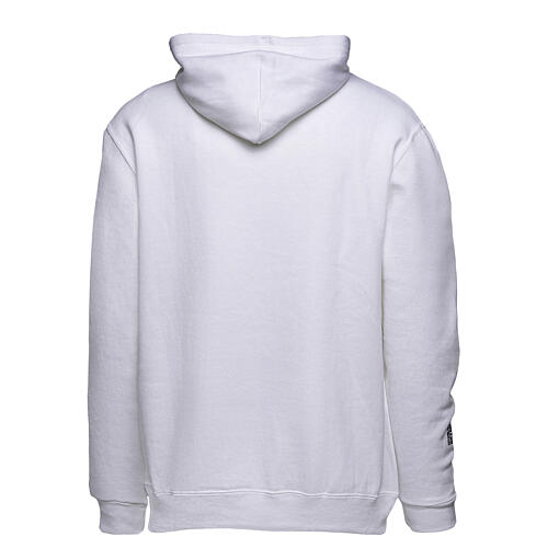 White hoodie with 2025 Jubilee logo print, pilgrim's kit 6