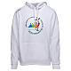 White hoodie with 2025 Jubilee logo print, pilgrim's kit s1