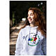 White hoodie with 2025 Jubilee logo print, pilgrim's kit s2