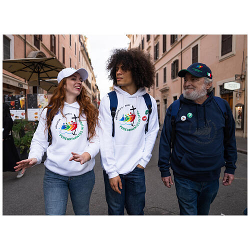 Felpa bianca cappuccio kit del pellegrino stampa a colori Giubileo 2025 5