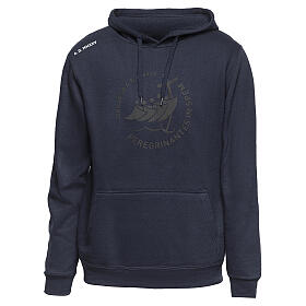 Blue hoodie with embossed printing, pilgrim's kit