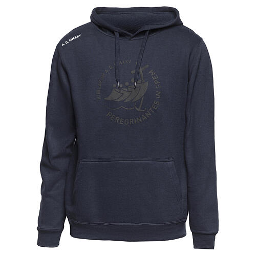 Blue hoodie with embossed printing, pilgrim's kit 1
