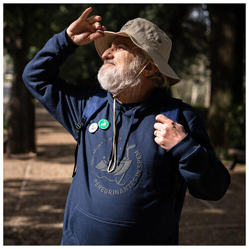 Blue hoodie with embossed printing, pilgrim's kit 4