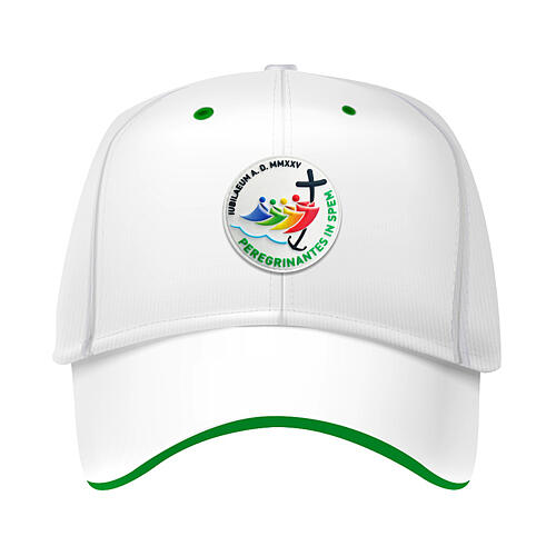 White baseball cap with rubber patch of the 2025 Jubilee logo, pilgrim's kit 1