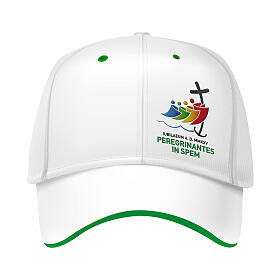 White baseball cap with embroidered patch of the 2025 Jubilee logo, pilgrim's kit