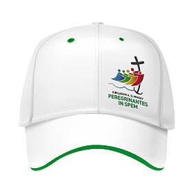 White baseball hat with embroidered patch for the 2025 Jubilee pilgrim kit