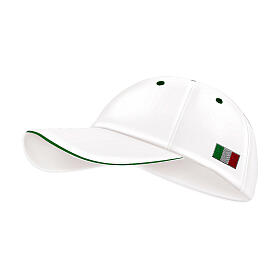 White baseball hat with embroidered patch for the 2025 Jubilee pilgrim kit