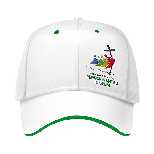 White baseball hat with embroidered patch for the 2025 Jubilee pilgrim kit 1