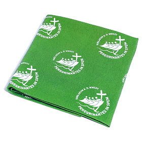 Green bandana with white logo, 2025 Jubilee pilgrim's kit