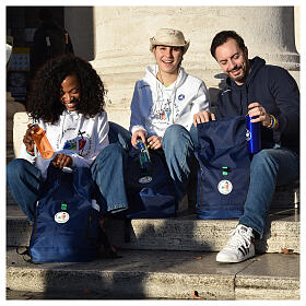 Blue recycled plastic bottle for pilgrim's kit, 2025 Jubilee logo