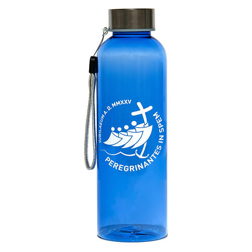 Blue recycled plastic bottle for pilgrim's kit, 2025 Jubilee logo 1